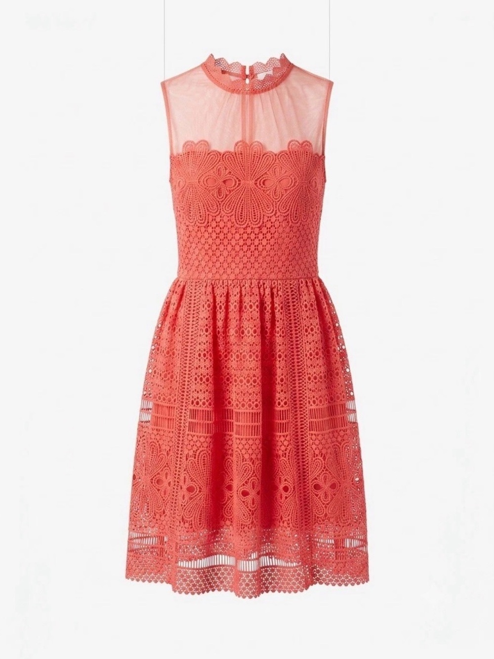 Just Me Coral Pink Mock Neck Lace Illusion Fit & Flare Dress Size Small